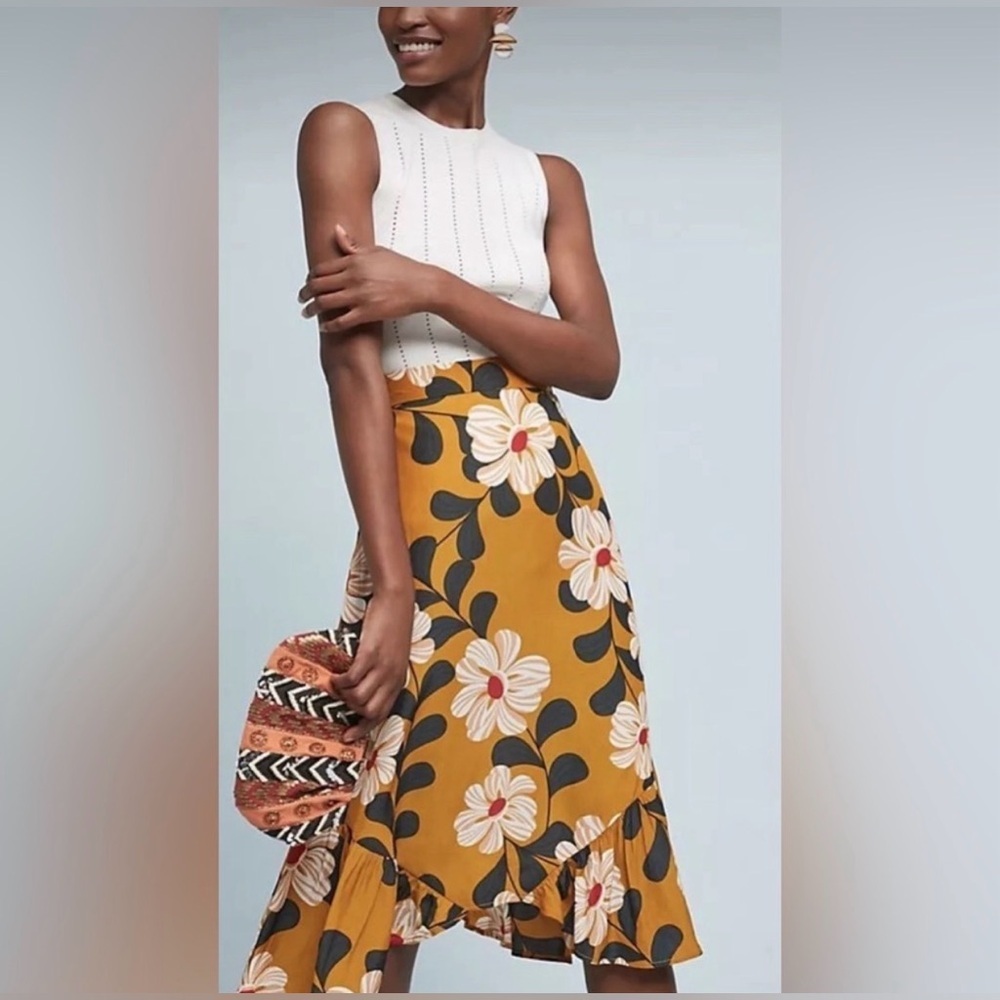 Eva Franco Anthropologie Ikebana Floral Mustard Midi Skirt Ruffle Hem: 6